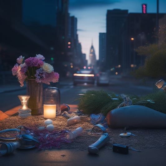 A dark, ominous cityscape at dusk with a subtle, eerie glow; a faint, torn fabric resembling a uterus hangs from a lamppost, surrounded by shattered medical equipment and scattered, crushed flowers.