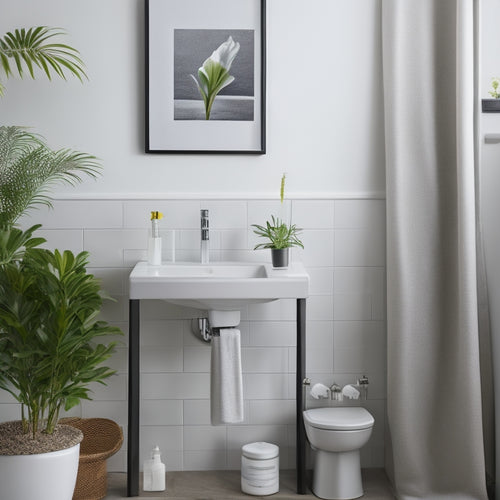 A minimalist bathroom with a pedestal sink, a few towels, and a small potted plant, featuring a tablet or e-reader on the counter with a faint bathroom organization ebook cover displayed on the screen.