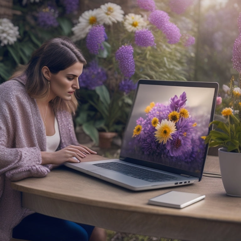 A serene and modern illustration featuring a person sitting comfortably in front of a laptop with a subtle Yahoo Shopping webpage open, surrounded by blooming flowers and a faint padlock in the corner.