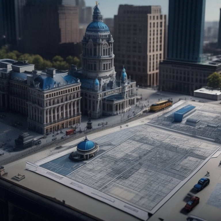 A cityscape with a prominent municipal building, surrounded by tangled blueprints, scattered papers, and rolled-up architectural drawings, with a faint grid of streets and zoning maps in the background.