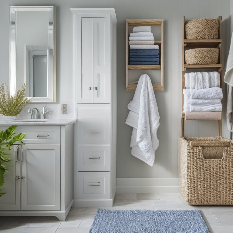 A serene bathroom with a sleek, wall-mounted linen cabinet featuring glass doors, filled with neatly folded, white towels and washcloths, alongside a woven basket storing extra toilet paper rolls.