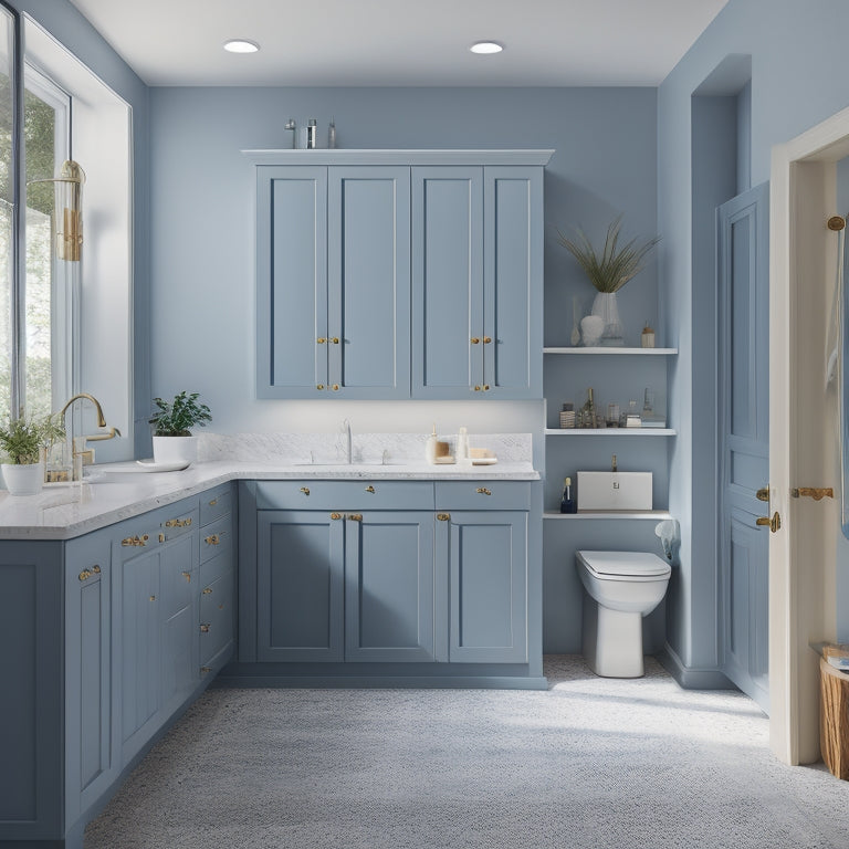 A serene, minimalist bathroom with 5 distinct blue wall cabinets, each with unique design elements, against a soft, creamy background, illuminated by warm, natural light.