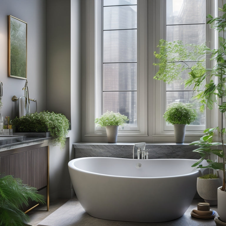 A serene NYC bathroom ambiance: soft, warm lighting illuminates sleek, gray marble countertops, surrounding a freestanding tub adorned with lush greenery, amidst a calming, neutral-toned backdrop.