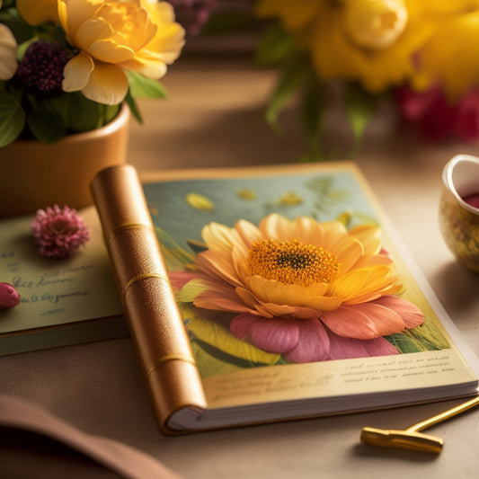 A warm, golden-lit background with a subtle texture resembling a caregiving journal, featuring a pair of gentle, caring hands cradling a blooming flower, surrounded by scattered, colorful planning stickers.