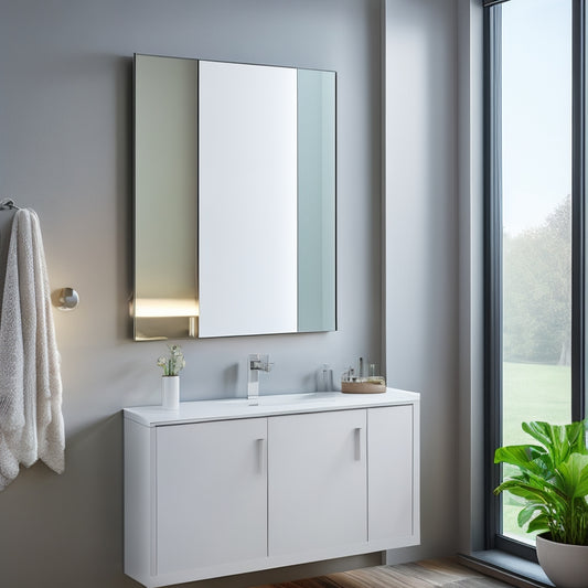 A modern bathroom with a sleek, wall-mounted cabinet featuring a large, rectangular mirror with a chrome frame, surrounded by soft, warm lighting and minimalist decor.