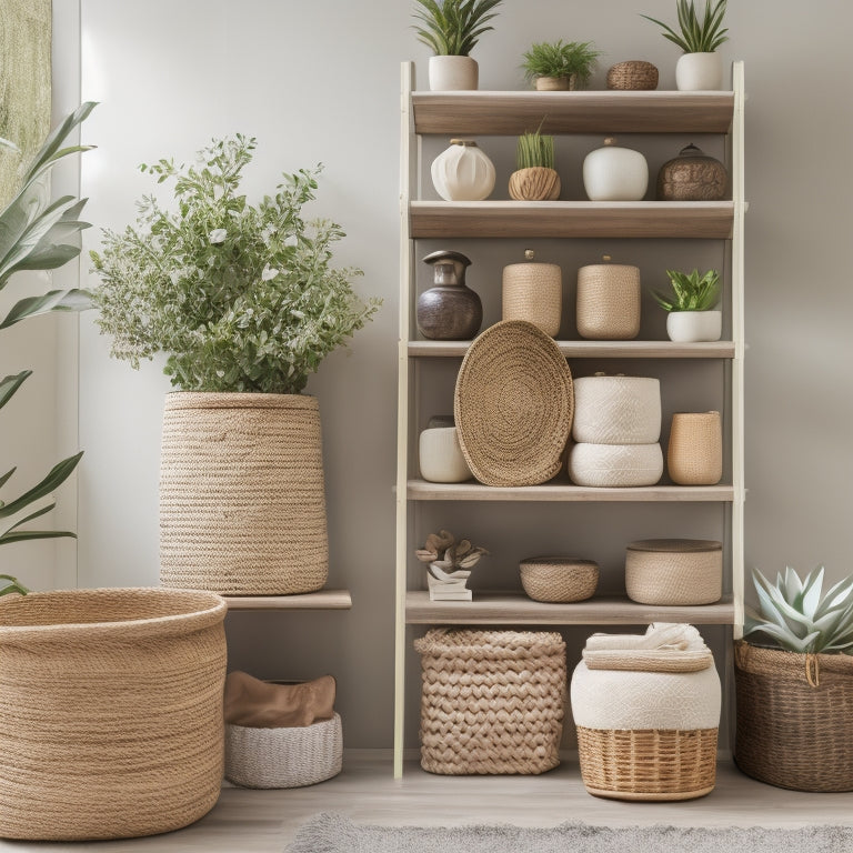 A serene and organized shelving unit with 5-7 woven storage baskets in various sizes, adorned with a few decorative vases and a small potted plant, set against a soft, creamy background.