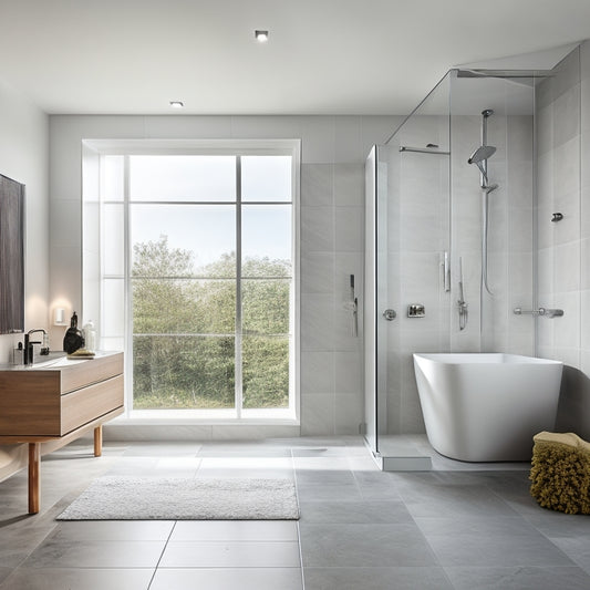 A serene, modern bathroom with a freestanding tub, surrounded by large, rectangular floor tiles in a soft gray hue, paired with a sleek, wall-mounted sink and a floor-to-ceiling glass shower enclosure.