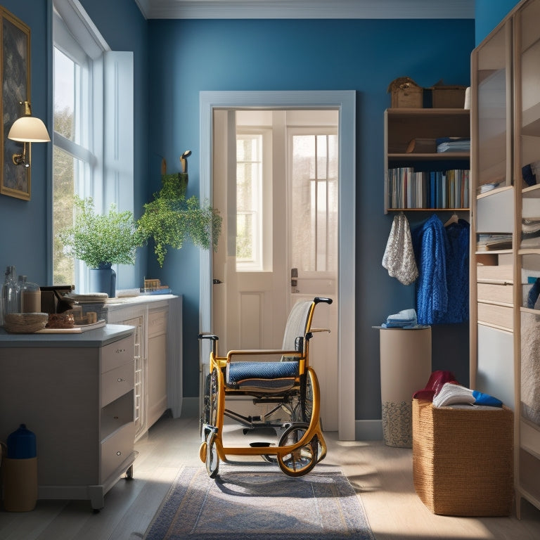 A serene, well-lit interior scene featuring a wheelchair-accessible closet with adjustable shelving, a sit-down dressing table, and a clear, obstacle-free floor space surrounding a comfortable, cushioned wheelchair.