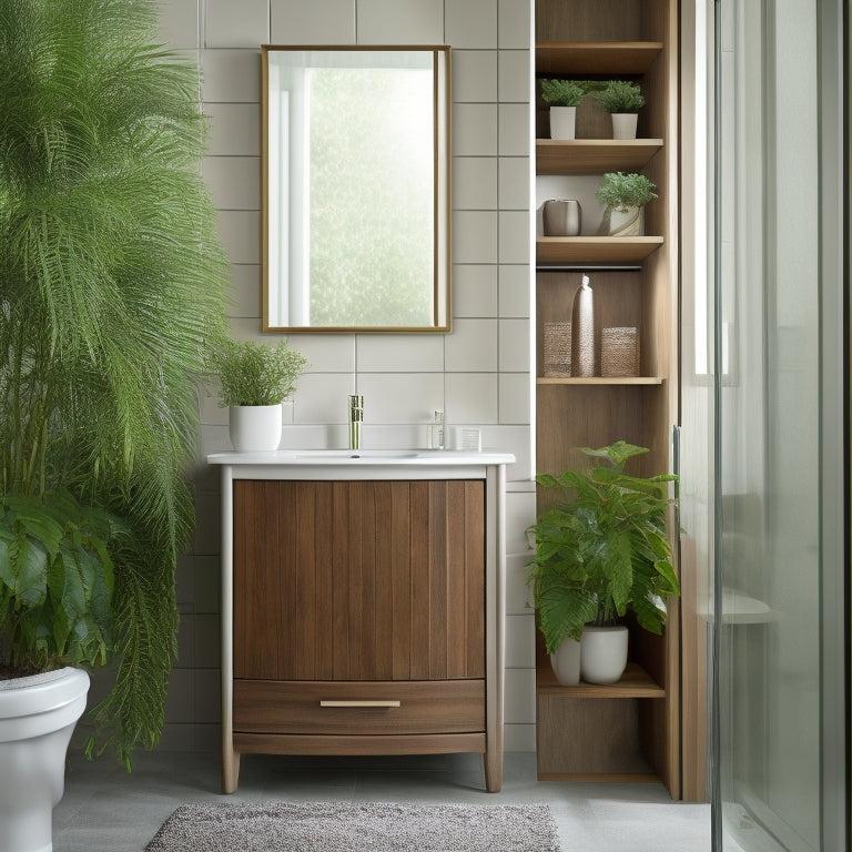 A stylish corner bathroom cabinet with sleek lines, featuring elegant wood finishes, soft-close doors, and ample storage. The setting includes modern tiles, lush greenery, and soft ambient lighting for a serene atmosphere.