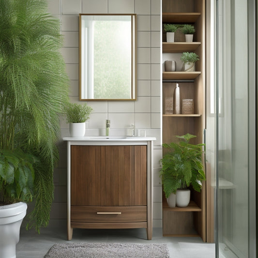 A stylish corner bathroom cabinet with sleek lines, featuring elegant wood finishes, soft-close doors, and ample storage. The setting includes modern tiles, lush greenery, and soft ambient lighting for a serene atmosphere.