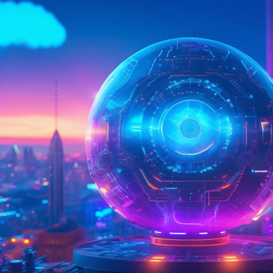 A futuristic, glowing orb surrounded by swirling clouds of 3D models, with robotic arms and gears emerging from the center, amidst a backdrop of neon-lit cityscapes and coding screens.