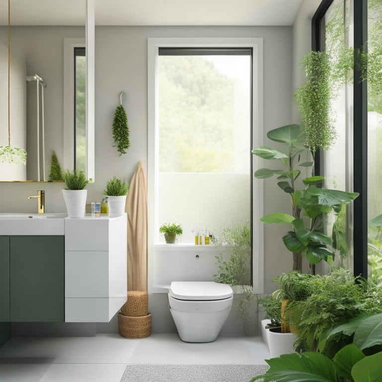 A serene, minimalist bathroom with a wall-mounted sink, a compact toilet, and a sliding glass shower door, surrounded by sleek, space-saving storage units and a few lush green plants.