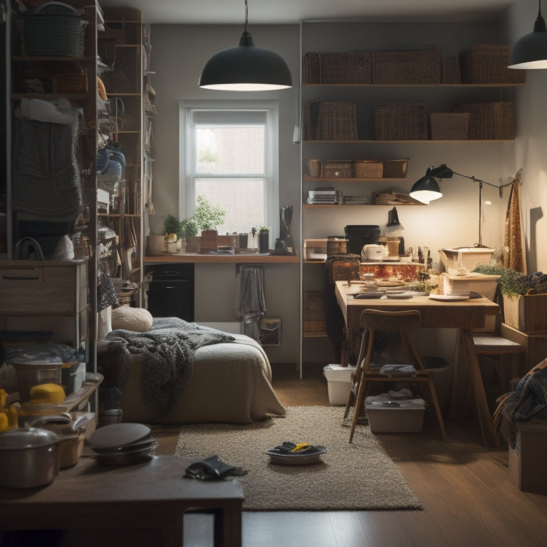 A cluttered, dimly lit, 300-square-foot studio apartment with piles of clothes, books, and kitchen utensils scattered everywhere, contrasted with a tidy, minimalist version of the same space, showcasing clever storage solutions.