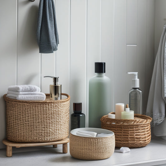 A tidy bathroom countertop with a few strategically placed containers, a tiered tray holding small toiletries, and a wall-mounted shelf with a woven basket, all in a calming, spa-like atmosphere.