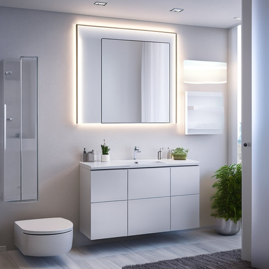 A modern bathroom with a large, mirrored medicine cabinet featuring soft, warm LED lighting that illuminates the interior, surrounded by sleek, white countertops and a minimalist sink.