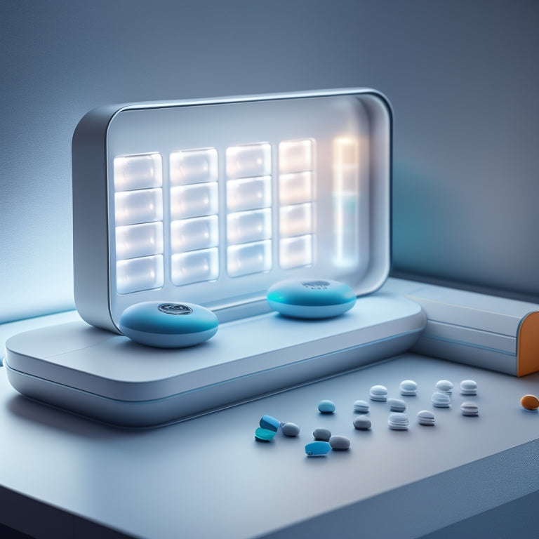 A futuristic, minimalist background with 5-7 sleek, modern pill organizers of varying shapes and sizes, each with unique features such as LED lights, touchscreen interfaces, and detachable compartments.