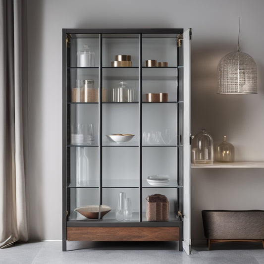 A minimalist, modern glass door cabinet with adjustable shelves, baskets, and dividers, showcasing efficient storage of decorative objects, kitchenware, and cookbooks, with ample negative space and soft, warm lighting.