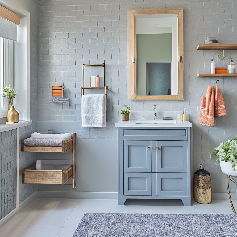 A tidy, modern bathroom with a wall-mounted sink, surrounded by clever storage solutions: a pedestal sink organizer, a mirrored cabinet, and a recessed shelf with decorative baskets.