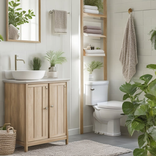 A stylish bathroom featuring an elegant over-the-toilet storage unit, adorned with neatly stacked towels. Soft, neutral colors dominate the space, with decorative plants and a serene atmosphere enhancing the overall aesthetic.