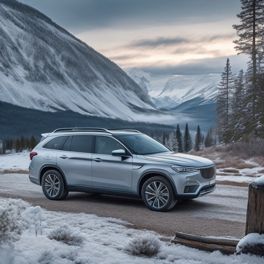 A sleek, silver SUV parked in a scenic mountainous landscape, with a Blueprint Organizer visibly attached to the back seat, holding a laptop, folders, and pens, surrounded by snow-capped peaks and evergreen trees.