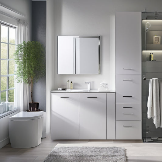 A sleek, modern bathroom with a wall-mounted cabinet featuring frosted glass doors, a freestanding vanity with drawers, and a floor-to-ceiling storage unit with a minimalist chrome handle.