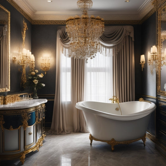 A luxurious bathroom with a freestanding tub, surrounded by velvet drapes, marble floors, and gold accents, illuminated by a stunning crystal chandelier.