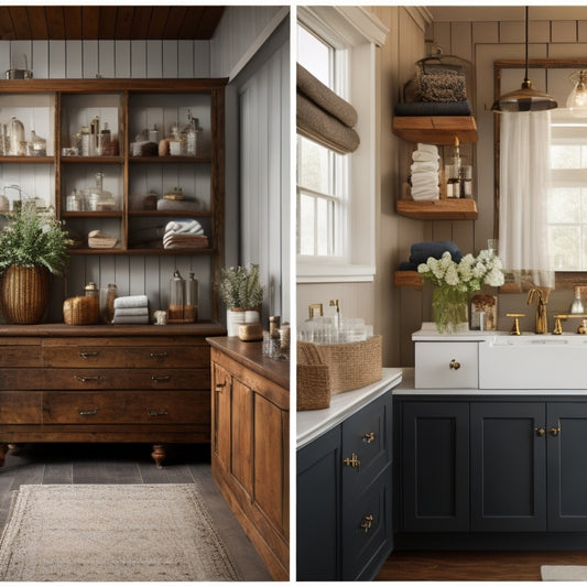 A split-screen image featuring three distinct bathroom vignettes: a rustic, shiplap-clad space with vintage apothecary jars, a sleek, modern area with minimalist glass shelves, and a luxurious, ornate setup with gilded accents.