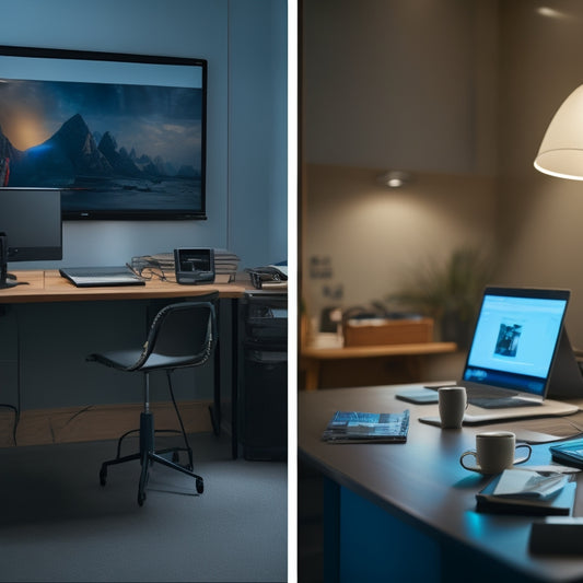 A split-screen image featuring a bright, organized digital workspace on one side, with a laptop, headphones, and a cup of coffee, versus a cluttered, dimly lit physical classroom on the other, with scattered papers and broken chairs.