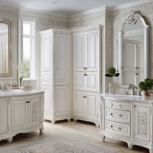A serene bathroom with a large, wall-mounted white wood storage cabinet featuring ornate carvings, flanked by matching floor-standing cabinets, surrounded by gleaming fixtures and a spa-like atmosphere.