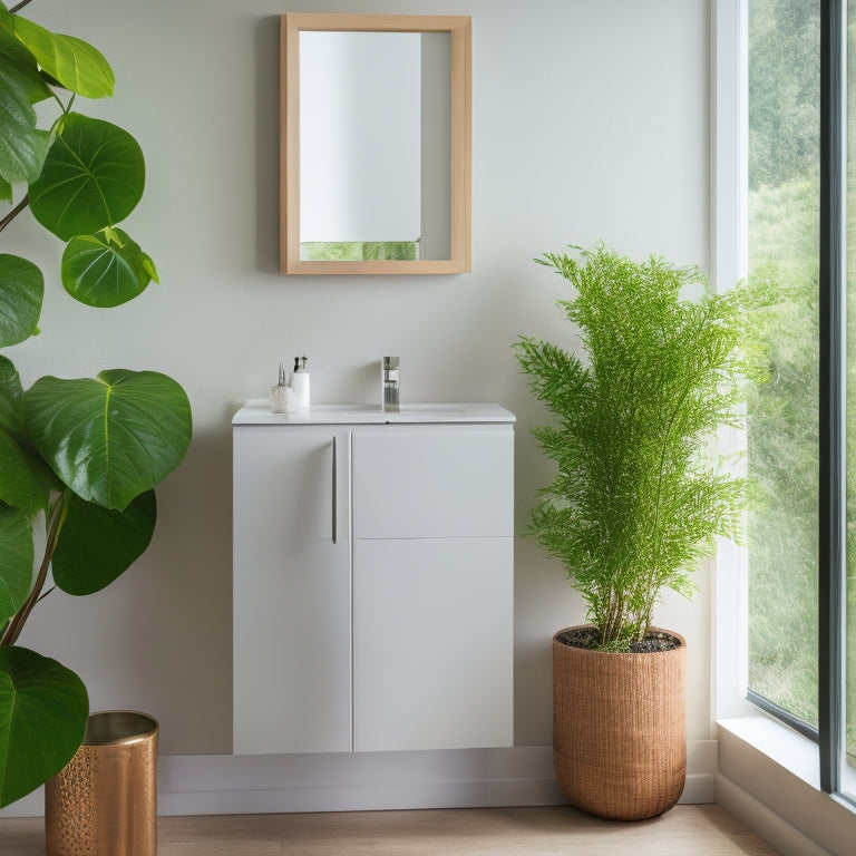 A sleek, white freestanding cabinet with clean lines and minimalist design, nestled in a modern bathroom featuring natural wood accents, soft ambient lighting, and lush green plants, creating a serene and stylish atmosphere.