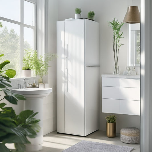 A modern bathroom scene featuring a sleek, rotating tiered storage unit in soft matte white, surrounded by minimalist decor, lush greenery, and elegant toiletries, illuminated by natural light streaming through frosted glass.