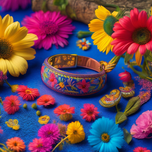 A vibrant, abstract illustration featuring a broken pair of handcuffs surrounded by blooming wildflowers, with a subtle, stylized pattern of Indigenous textiles in the background.