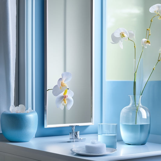 A soft, serene bathroom scene with gentle blue hues: a soothing light blue wall, a few wispy clouds reflected in a large mirror, and a delicate glass vase holding a single white orchid on a minimalist countertop.