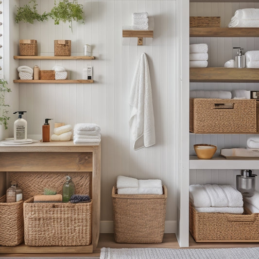 A clutter-free bathroom with a repurposed wooden crate turned shelving unit, baskets filled with rolled towels, and a mason jar storing small toiletries, set against a soft, creamy background.