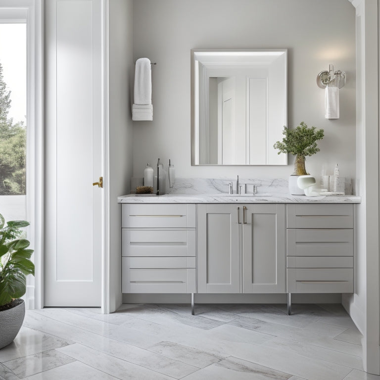 A modern bathroom with a large, wall-mounted cabinet featuring soft-close doors, surrounded by sleek, white countertops and a freestanding tub, with a subtle gray and white marble accent wall.