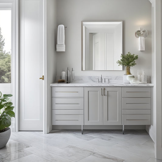 A modern bathroom with a large, wall-mounted cabinet featuring soft-close doors, surrounded by sleek, white countertops and a freestanding tub, with a subtle gray and white marble accent wall.