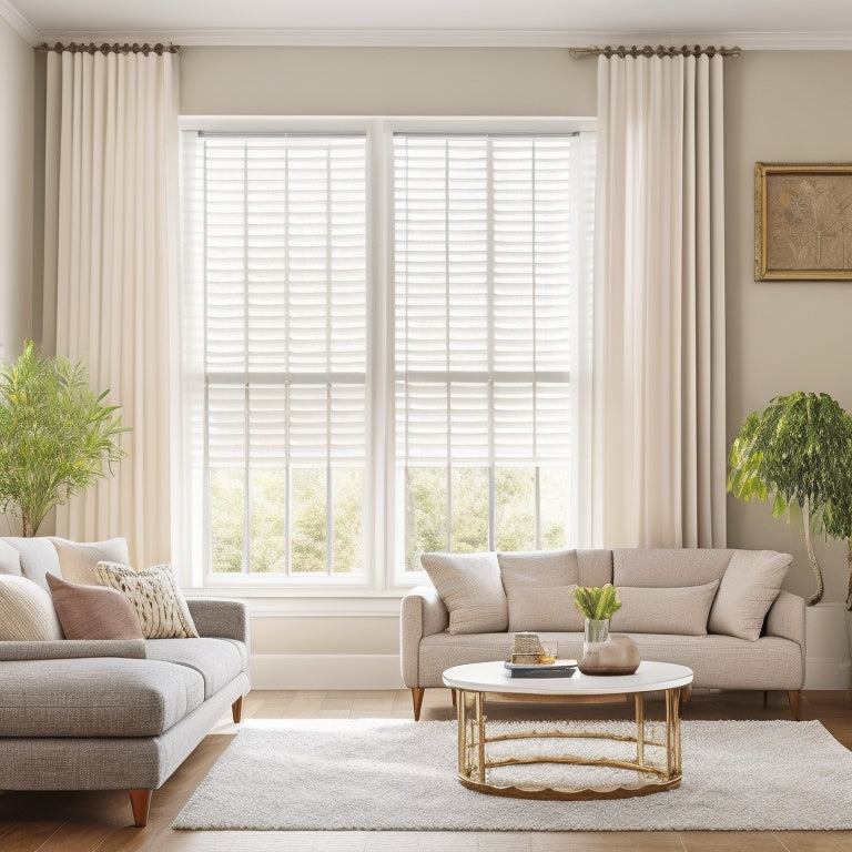 A bright, modern living room with three large windows, each adorned with a different stylish window treatment: floor-to-ceiling drapes, plantation shutters, and roller shades in neutral tones.