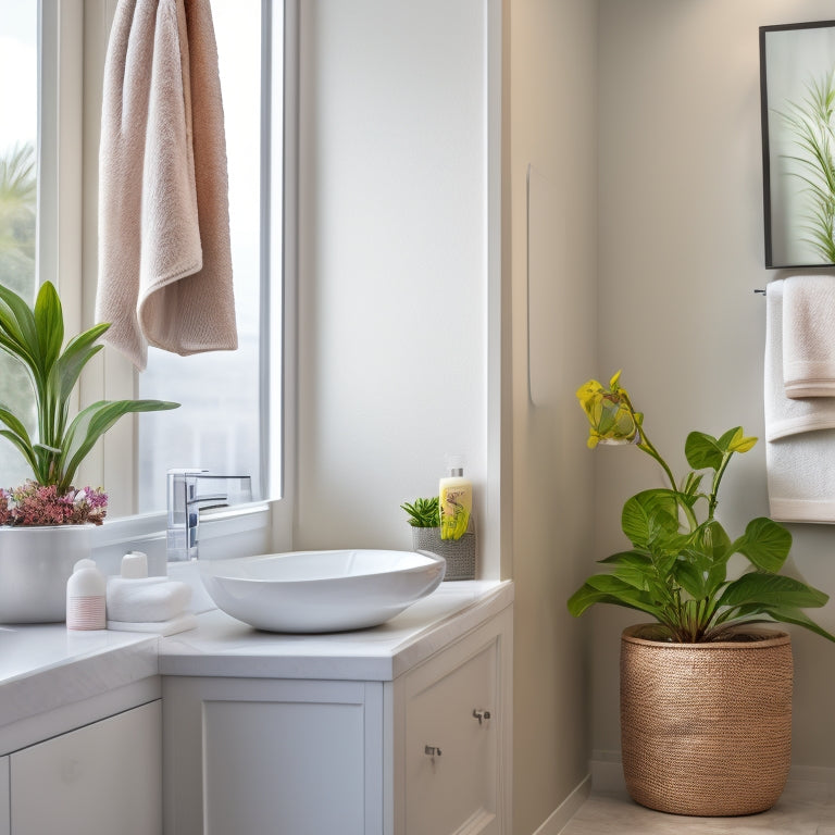 A serene, modern bathroom with creamy white walls, featuring three wall-mounted corner shelves in a polished chrome finish, holding rolled towels, decorative soap dispensers, and a potted orchid.