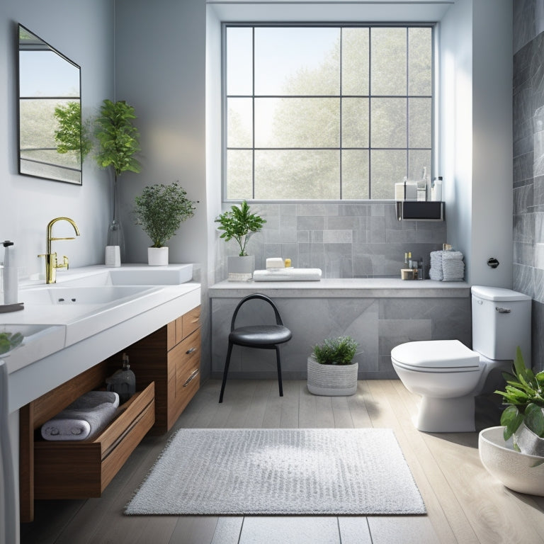 A modern, sleek bathroom with a renovated sink, toilet, and shower area, surrounded by scattered blueprints, a laptop, and a few pens, with a partially filled-out invoice form on the laptop screen.