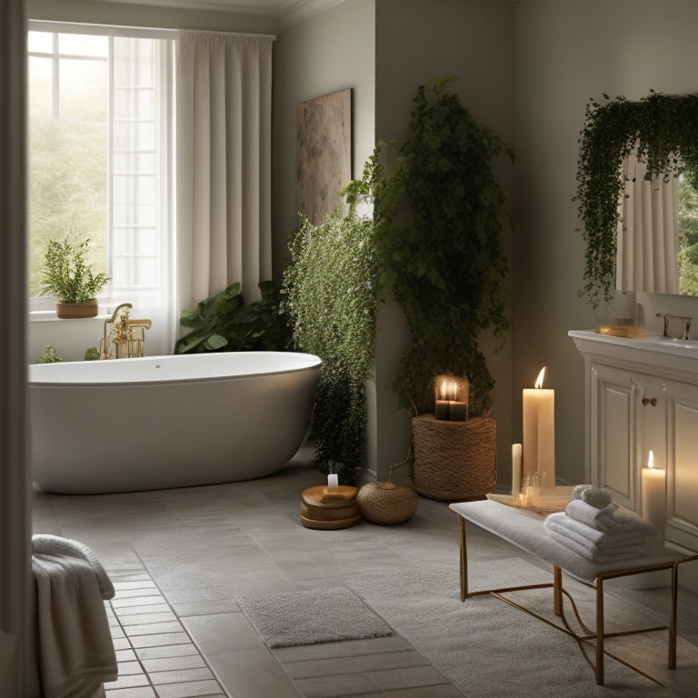 A serene, candle-lit bathroom featuring a sleek, white freestanding tub centered amidst a neutral-toned, hexagonal-tiled floor, surrounded by lush greenery and soft, billowy drapes in a soothing, creamy hue.