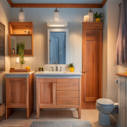 A well-lit, modern bathroom with a partially built cabinet, exposed wall studs, and various tools and materials scattered around, including a tape measure, level, and wood planks.