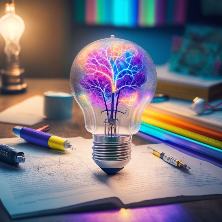 An illustration of a person's brain with glowing, interconnected neurons forming a radiant, colorful mind map, surrounded by scattered papers, pens, and a single, shining lightbulb.