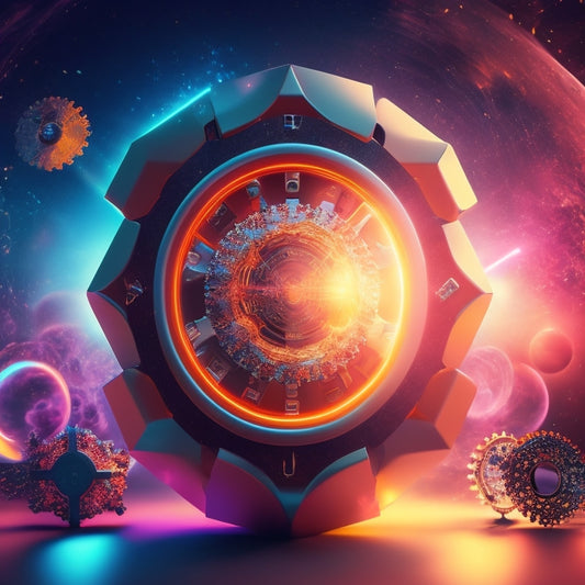 A stylized, futuristic illustration featuring a large, glowing puzzle piece at the center, surrounded by orbiting gears, sparks, and abstract shapes, conveying innovation and transformative change.