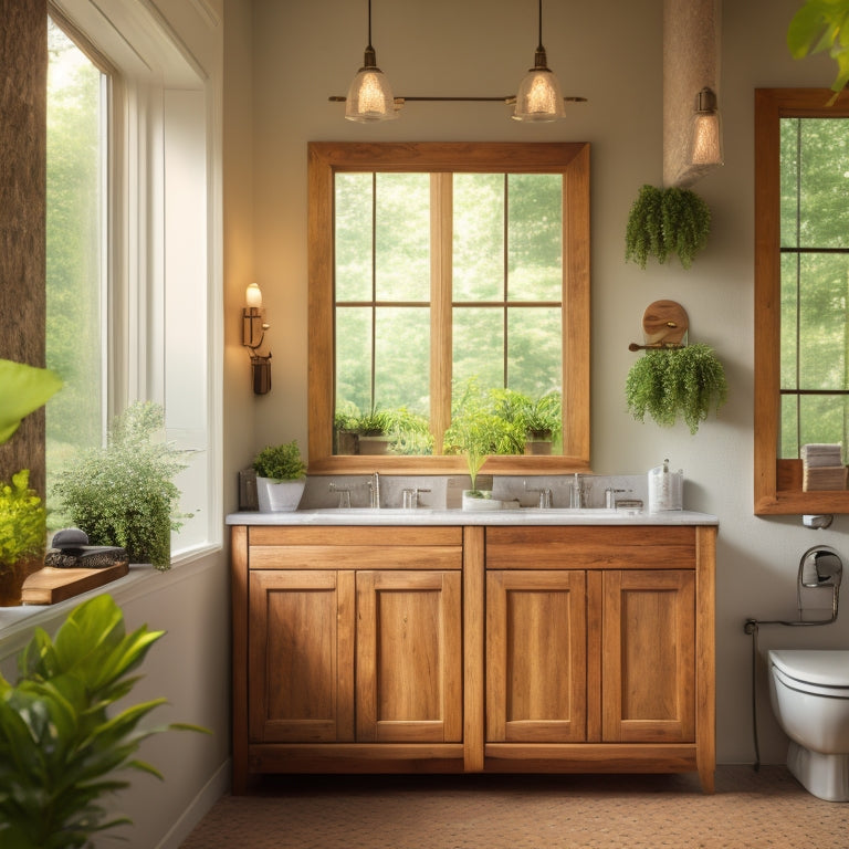 A serene bathroom scene with three to five wooden medicine cabinets, varying in style and design, mounted on a wall above a sink, surrounded by lush greenery and soft, warm lighting.