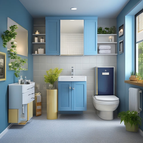 Generate an image depicting a compact, modern bathroom with a wall-mounted cabinet featuring a mirrored door, a pedestal sink with a slide-out drawer, and a recessed shelving unit above the toilet.