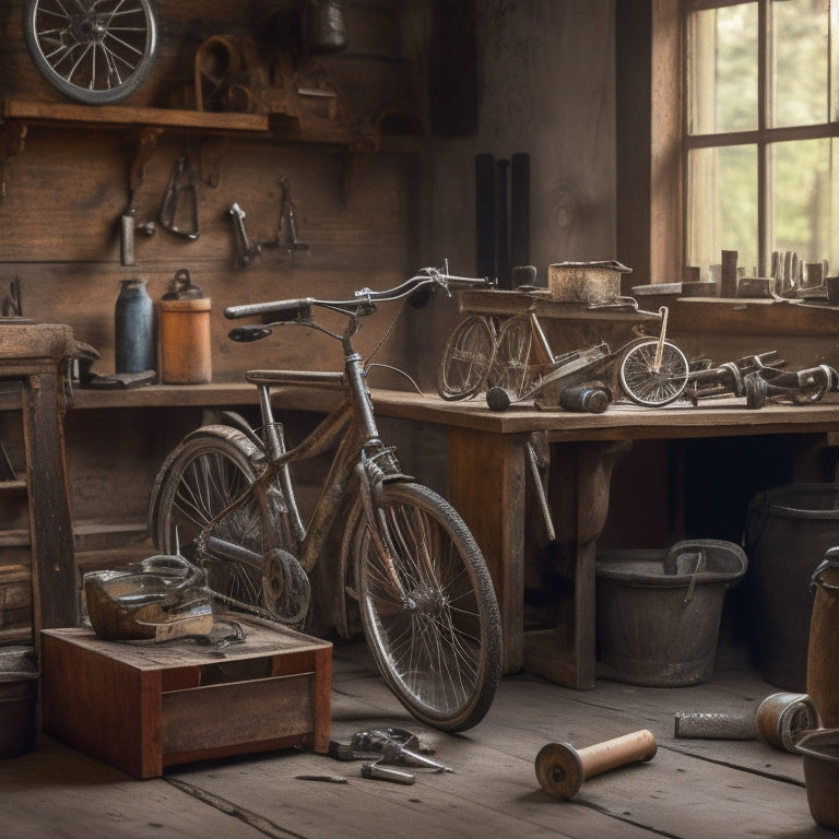 A worn, vintage bicycle leans against a wooden workbench, surrounded by scattered tools, gears, and rusty bike parts, with a half-disassembled frame in the foreground.