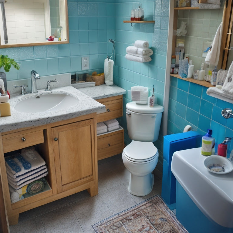 A cluttered small bathroom with a pedestal sink, toilet, and shower, featuring a messy countertop with toiletries and towels overflowing from a small cabinet, surrounded by chaotic floor clutter.