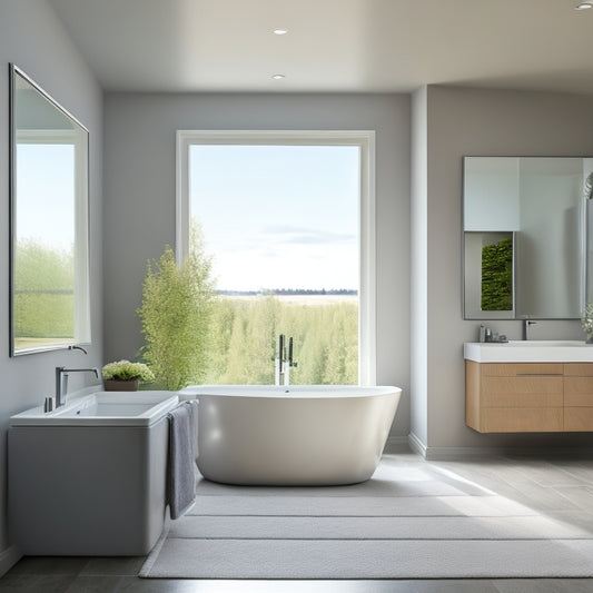 A serene, modern bathroom with a freestanding tub, surrounded by sleek gray walls, large windows, and a minimalist floating vanity, illuminated by soft, warm lighting.