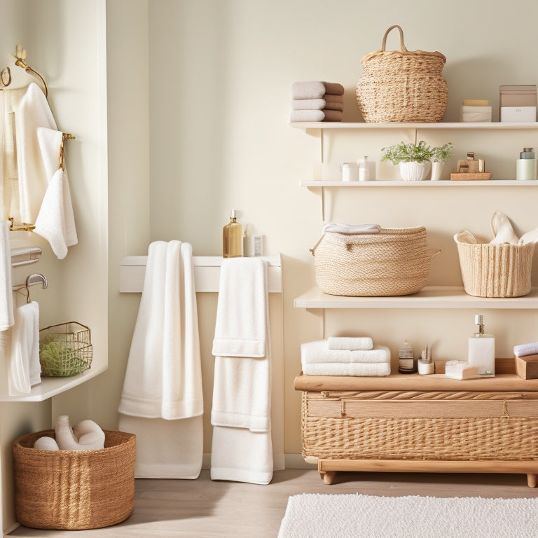 A serene, modern bathroom with cream-colored walls, featuring three floating shelves with woven baskets in various sizes, holding towels, toiletries, and decorative items, amidst a calming, natural light ambiance.