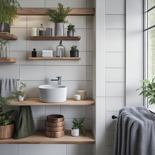 A minimalist bathroom with a mix of industrial and modern elements, featuring floating wooden shelves, chrome brackets, and decorative glass jars holding lush greenery and rolled towels.